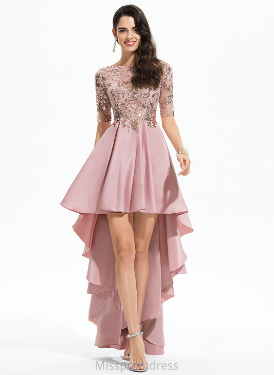 With A-Line Neck Satin Sequins Asymmetrical Tess Prom Dresses Scoop Lace