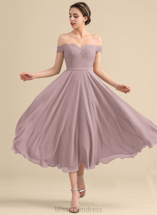 Off-the-Shoulder A-Line Silhouette Embellishment Fabric Beading Sequins Length Neckline Tea-Length Rubi Natural Waist Bridesmaid Dresses