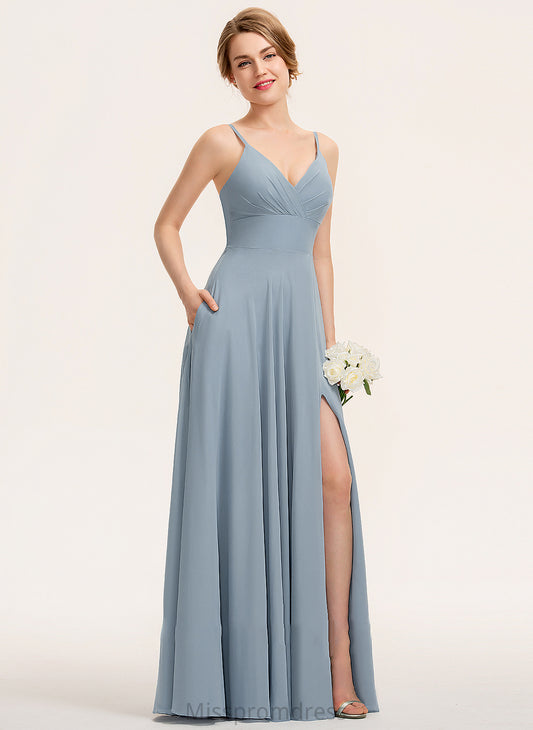 Silhouette Neckline Ruffle Floor-Length Fabric V-neck A-Line Embellishment Pockets Length Aliana Natural Waist Bridesmaid Dresses
