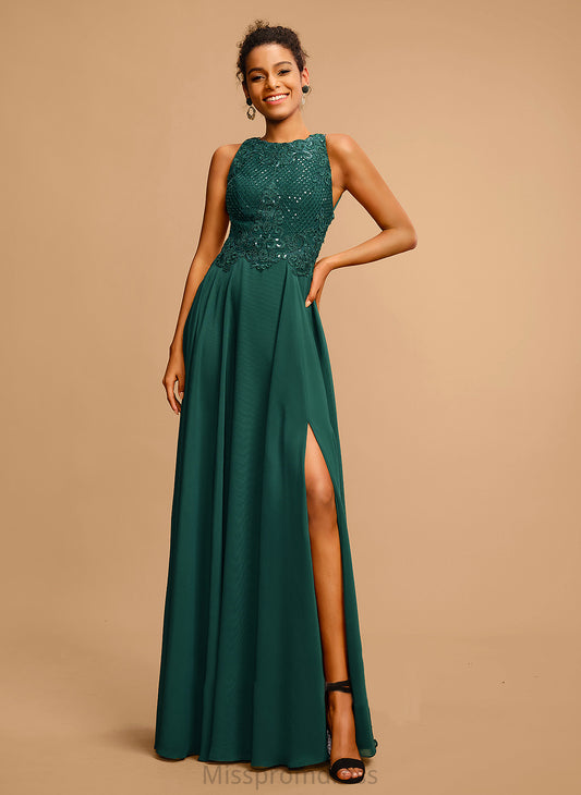 Front Lace Neck Split Nola Chiffon A-Line With Floor-Length Scoop Prom Dresses Sequins