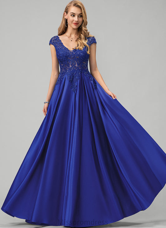 V-neck Satin Ball-Gown/Princess Sequins Lace Floor-Length With Prom Dresses Leia