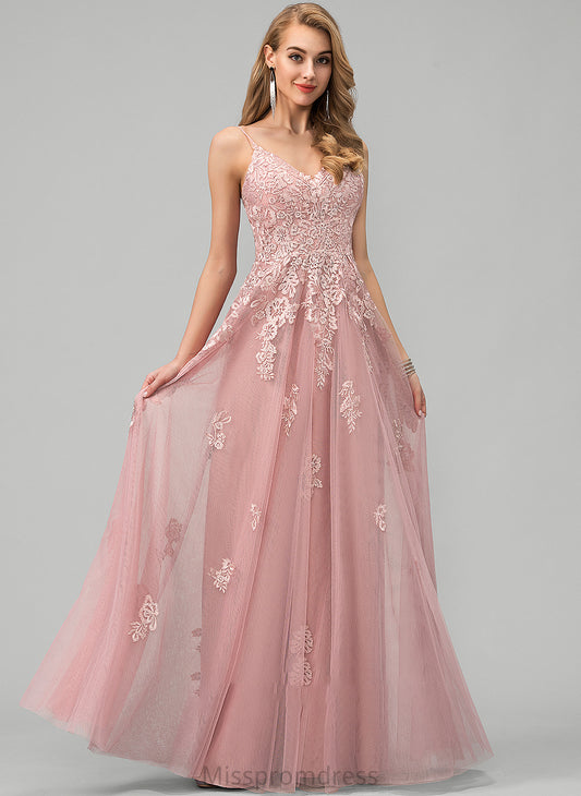 V-neck Ball-Gown/Princess Lace Mavis Tulle Floor-Length Prom Dresses With