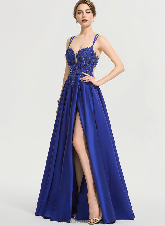 Ball-Gown/Princess Mikaela With Floor-Length Sequins Satin Prom Dresses Front Split V-neck