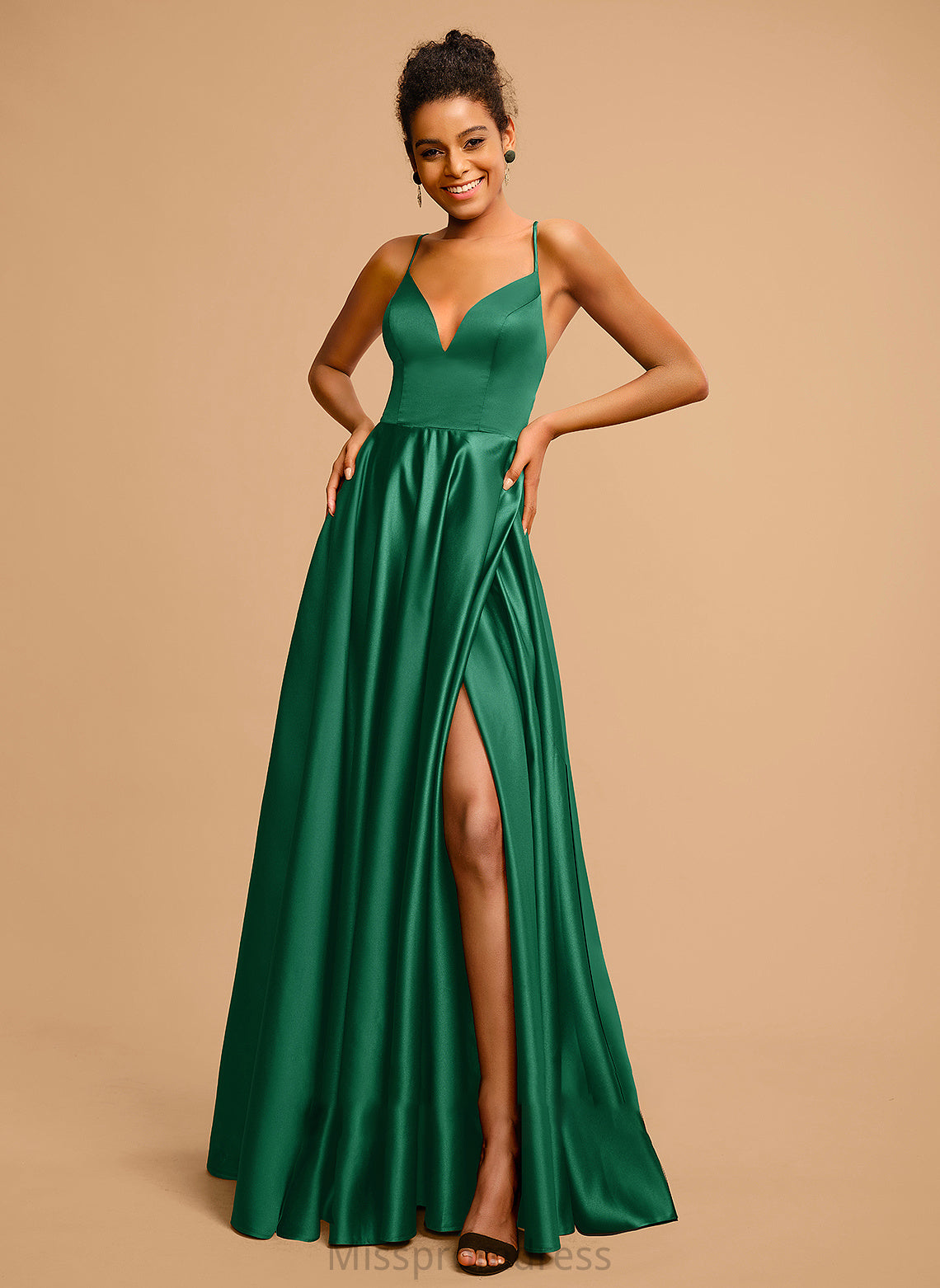 Floor-Length Satin V-neck Pancy A-Line Prom Dresses