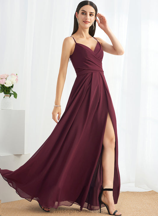 SplitFront Embellishment Fabric V-neck A-Line Silhouette Neckline Length Floor-Length Ruffle Carmen Scoop Bridesmaid Dresses