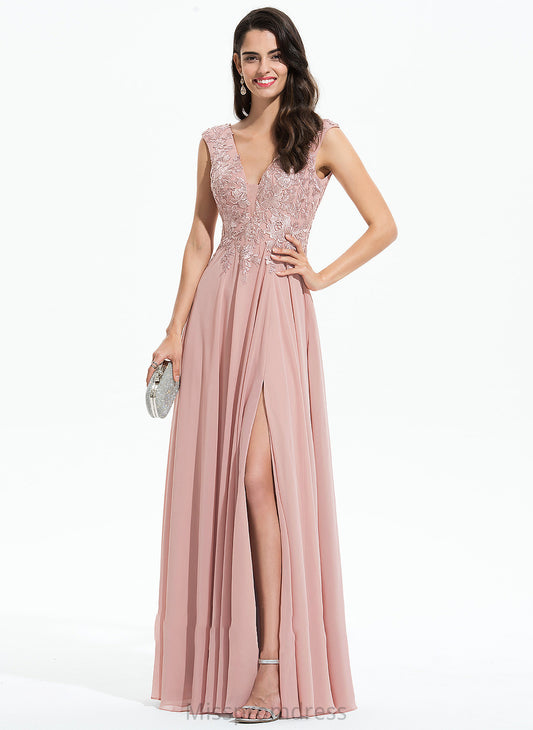 Split With A-Line Sylvia V-neck Floor-Length Prom Dresses Lace Front Chiffon