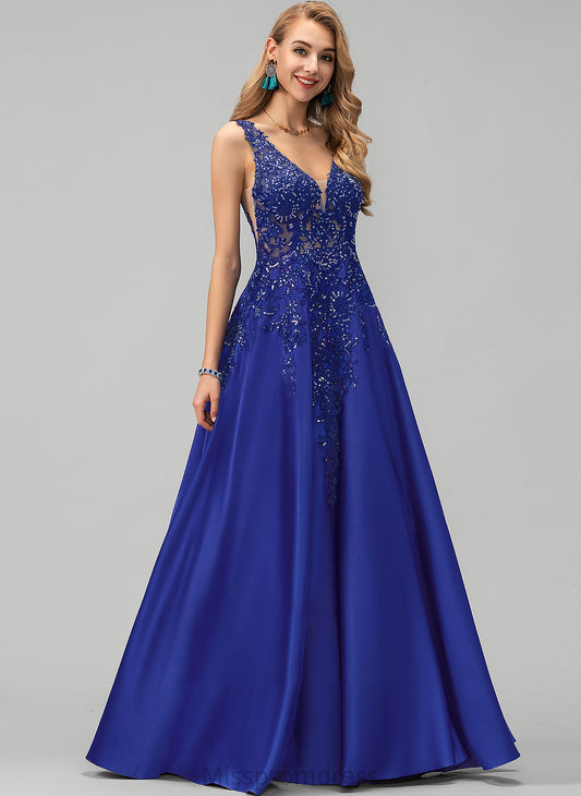 Sequins Satin With Floor-Length A-Line Averie Lace V-neck Prom Dresses