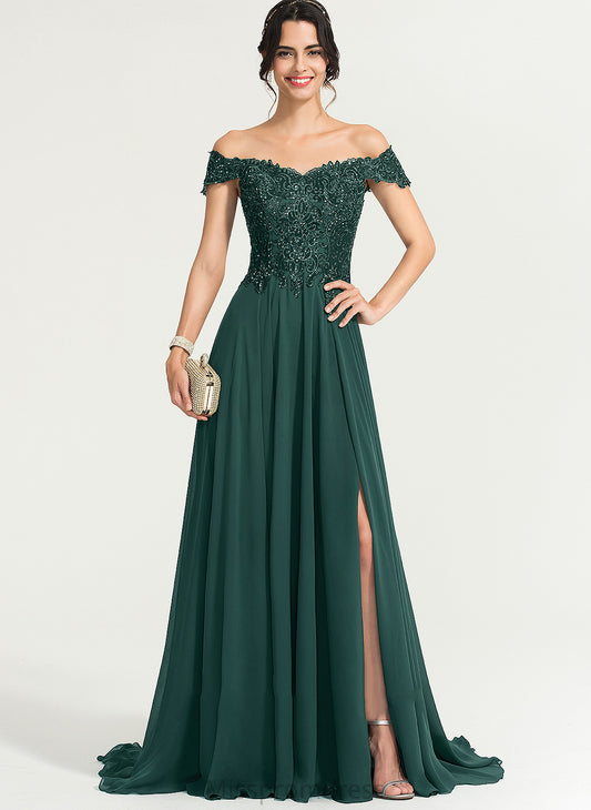 Off-the-Shoulder A-Line Front Lila Chiffon Split Sweep Train With Sequins Prom Dresses