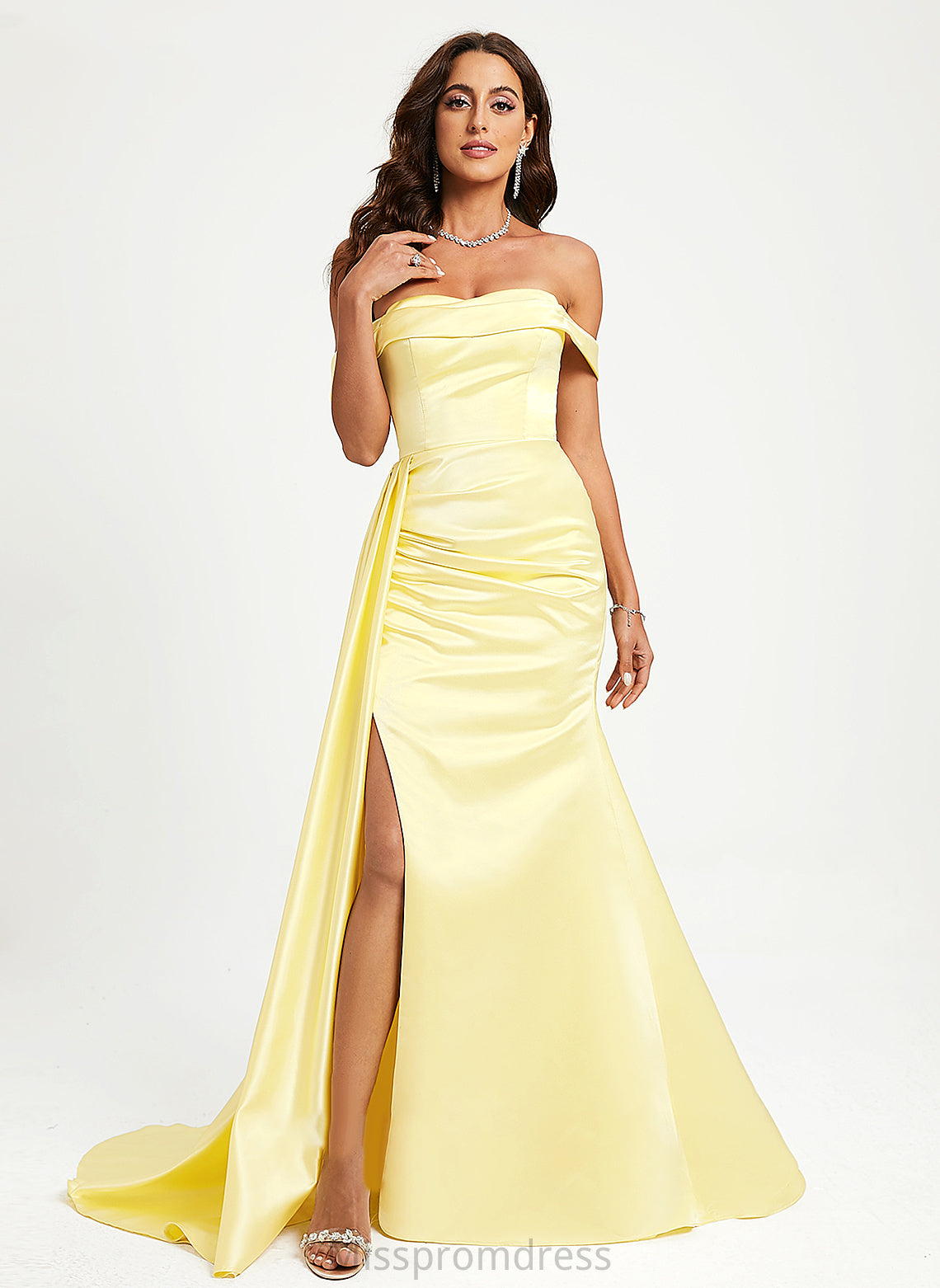 With Train Trumpet/Mermaid Sweep Off-the-Shoulder Prom Dresses Ruffle Kailee Satin