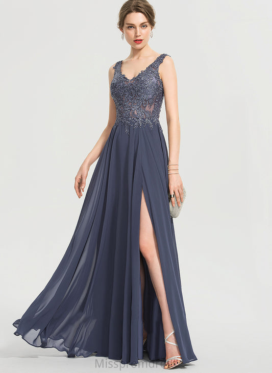 Chiffon Beading A-Line V-neck Split Floor-Length Front Prom Dresses Vivien With Sequins