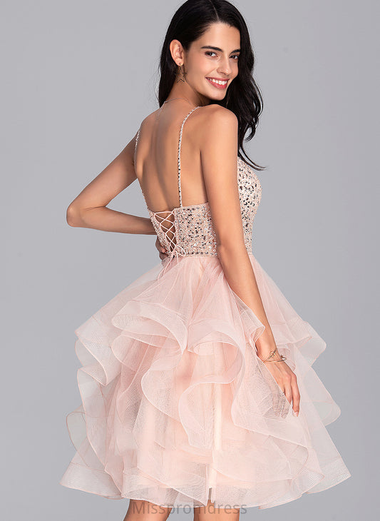 Ball-Gown/Princess V-neck With Knee-Length Beading Prom Dresses Deja Tulle Sequins