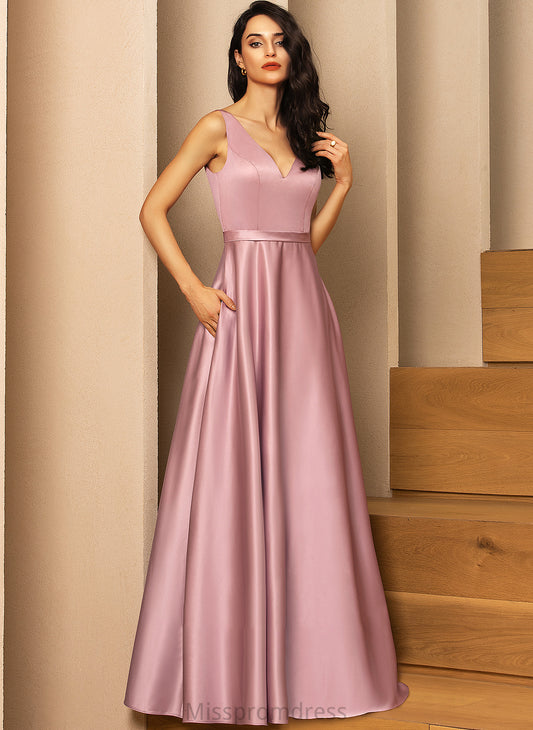 Fabric Length Floor-Length Pockets Satin V-neck Straps Neckline Embellishment Sadie A-Line/Princess Spaghetti Staps Bridesmaid Dresses