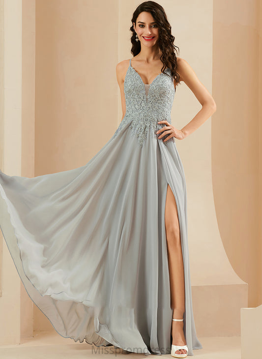 V-neck Prom Dresses Split Chiffon Lace Front A-Line Floor-Length Sequins Aaliyah With
