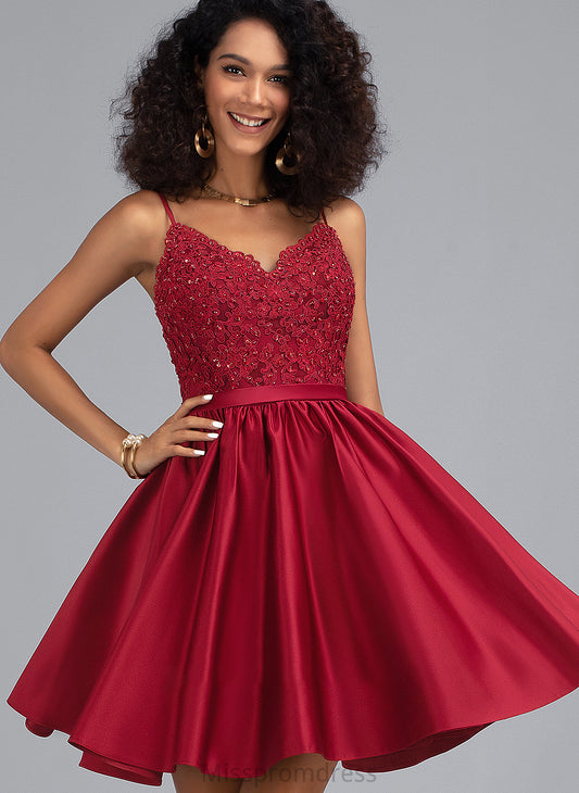 With Sequins A-Line V-neck Satin Beading Short/Mini Prom Dresses Wendy