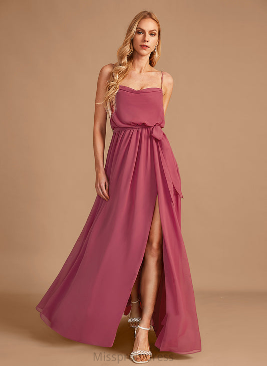 CowlNeck Neckline Length Fabric Floor-Length Silhouette Ruffle A-Line Embellishment SplitFront Tiara Natural Waist Bridesmaid Dresses