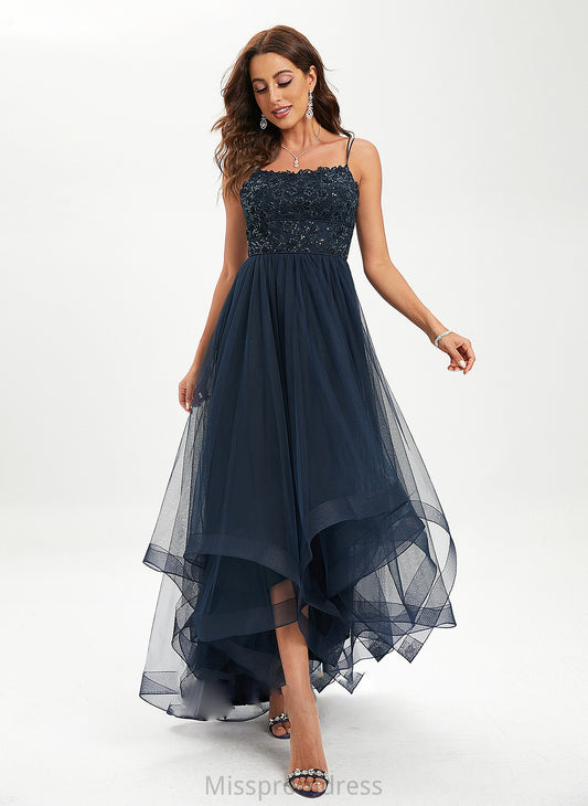 Valery Ball-Gown/Princess Prom Dresses Neck With Tulle Lace Scoop Asymmetrical Sequins
