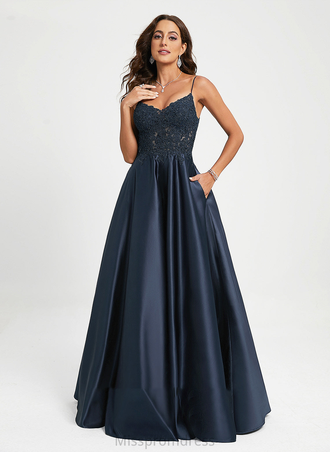 A-Line V-neck Floor-Length Satin Sequins With Prom Dresses Phoenix Lace
