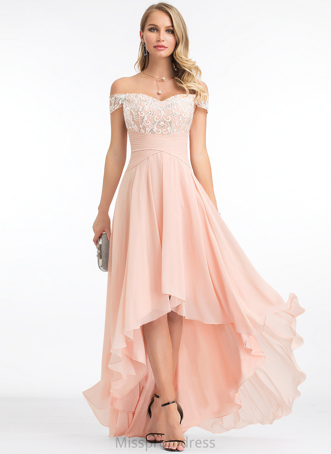 With Anya Prom Dresses Chiffon Asymmetrical A-Line Sequins Off-the-Shoulder