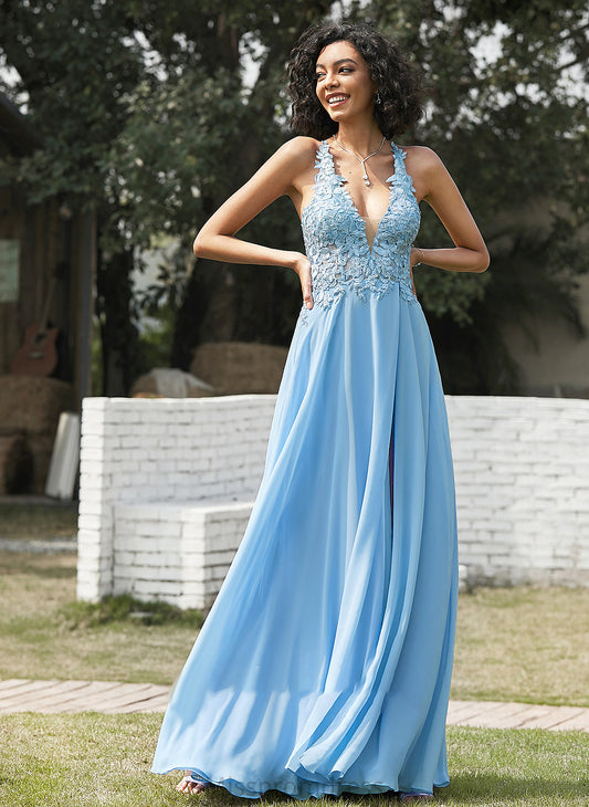 Chiffon Monica A-Line Prom Dresses Floor-Length Lace V-neck With