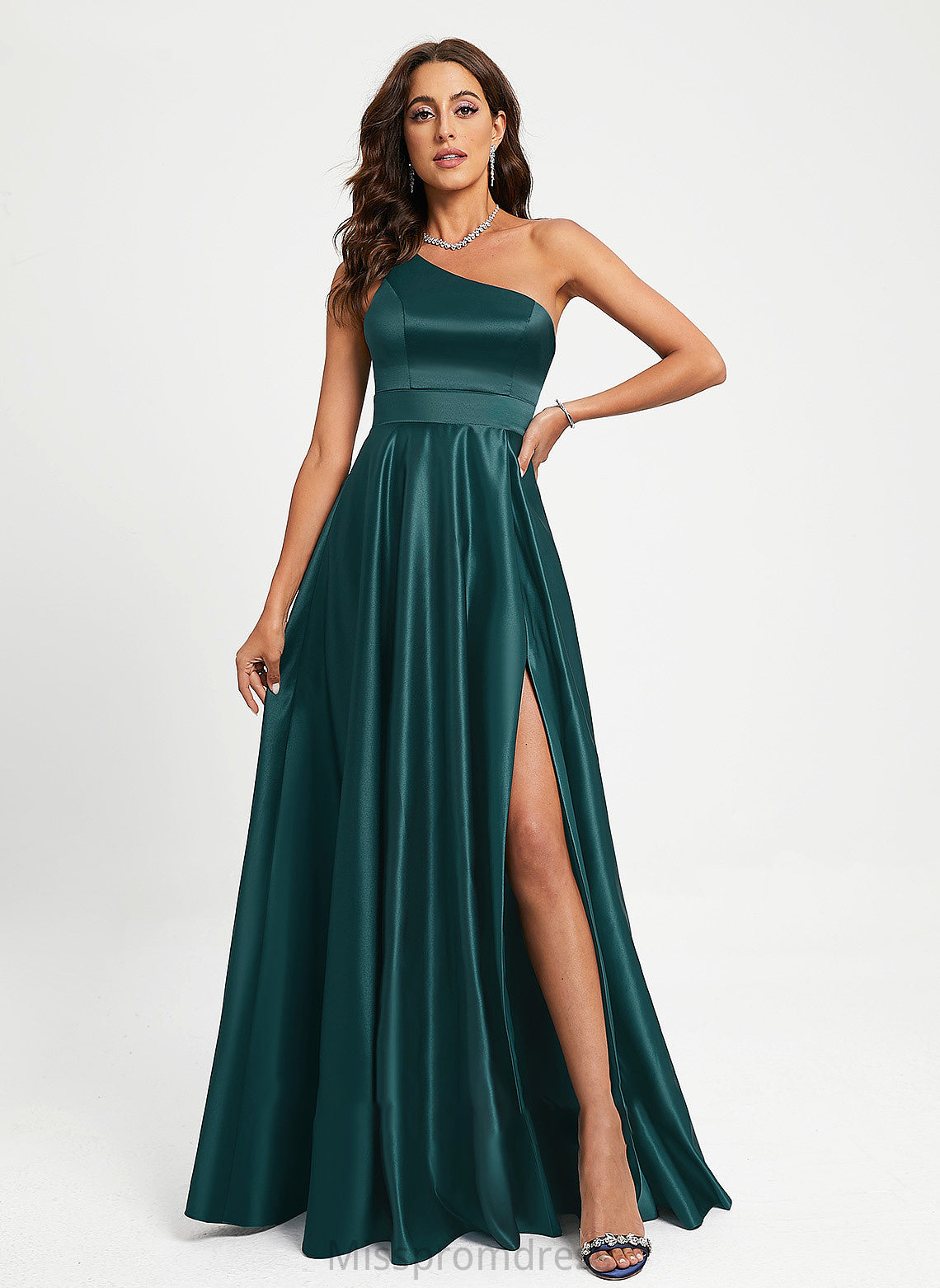 Beading With A-Line Rowan Prom Dresses Satin Floor-Length One-Shoulder