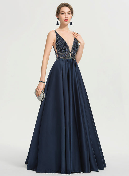Ball-Gown/Princess With Satin Beading Sequins V-neck Prom Dresses Floor-Length Ashley