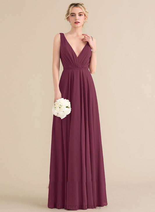 Fabric A-Line Embellishment Silhouette Floor-Length Ruffle Neckline V-neck Length Jaslyn A-Line/Princess Natural Waist Bridesmaid Dresses