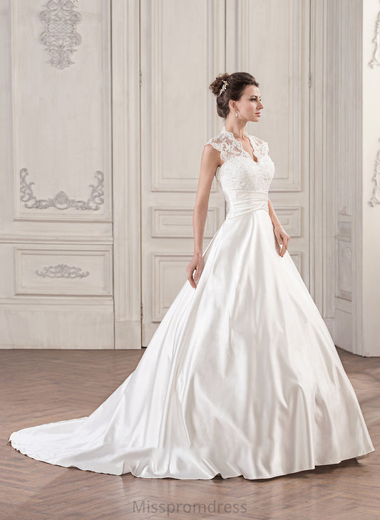 Wedding Dresses Lace Ball-Gown/Princess Wedding Satin Dress Train Ruffle Mackenzie With V-neck Court