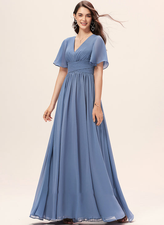 A-Line Ruffle Length Fabric Embellishment Neckline Silhouette Floor-Length V-neck Camilla Sleeveless Empire Waist Bridesmaid Dresses