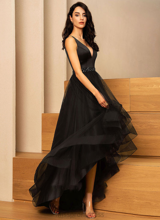 Beading Prom Dresses V-neck Tulle Asymmetrical With Pru Ball-Gown/Princess
