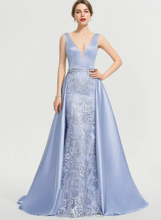 Sweep Prom Dresses Satin With Ball-Gown/Princess Maribel Sequins V-neck Train Beading