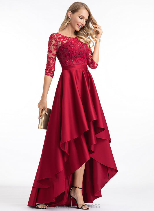 Patience A-Line Satin Prom Dresses Sequins Scoop With Asymmetrical Neck