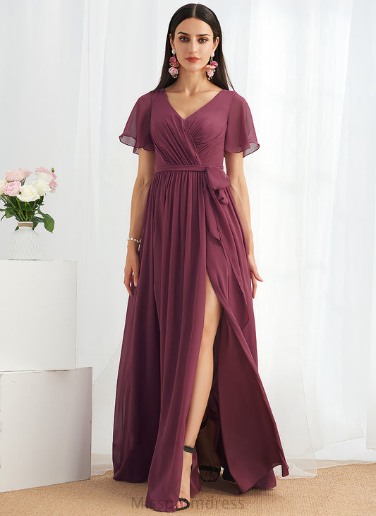 Length Floor-Length V-neck Fabric SplitFront Silhouette A-Line Neckline Embellishment Ansley Natural Waist A-Line/Princess Bridesmaid Dresses