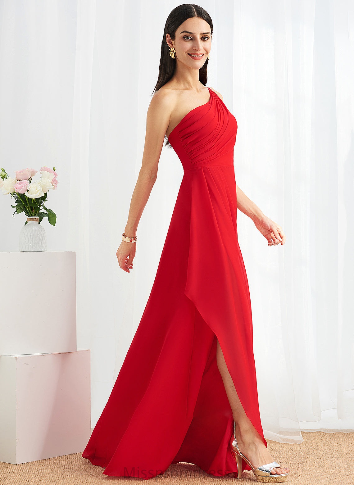 Length One-Shoulder Fabric Ruffle SplitFront Embellishment Floor-Length A-Line Silhouette Neckline Hailie Floor Length Bridesmaid Dresses