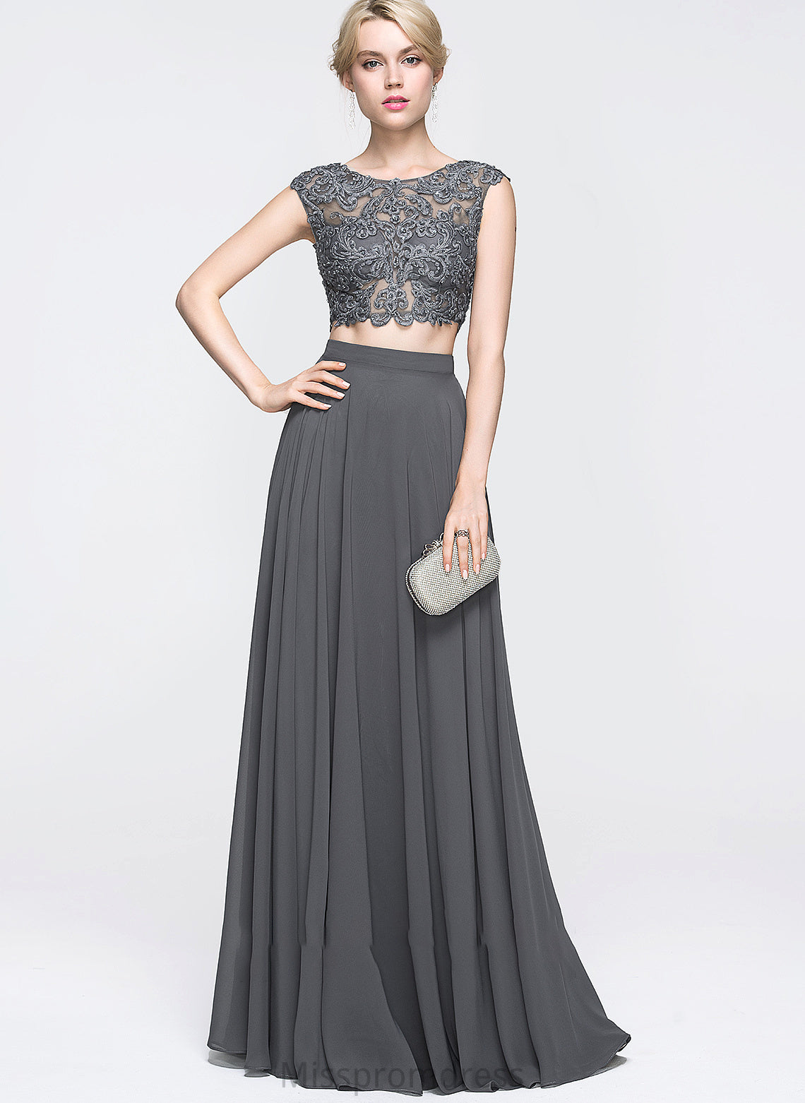 A-Line Sequins Prom Dresses Beading Floor-Length Scoop Elena With Chiffon Neck