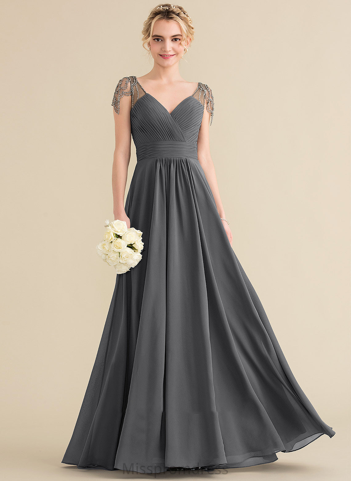 Sequins Floor-Length Ruffle Silhouette Fabric A-Line Beading Embellishment V-neck Length Neckline Jessica Bridesmaid Dresses