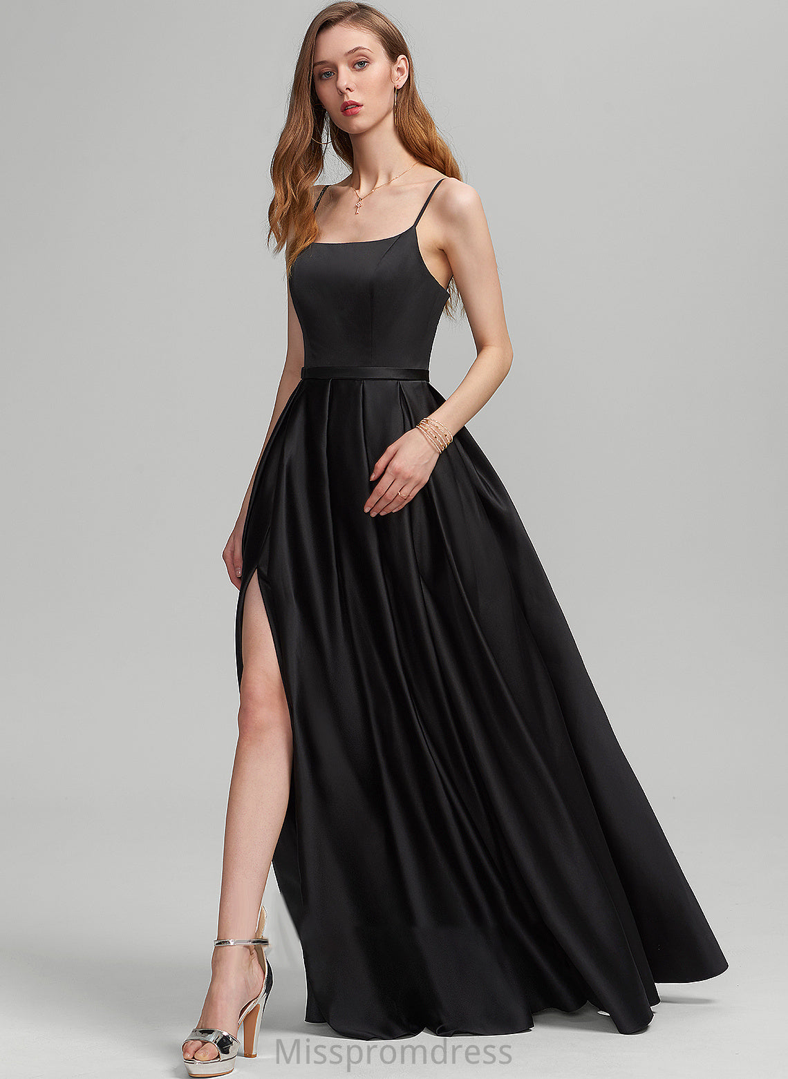 Glenda Satin A-Line Neckline Split Floor-Length Prom Dresses With Pockets Square Front