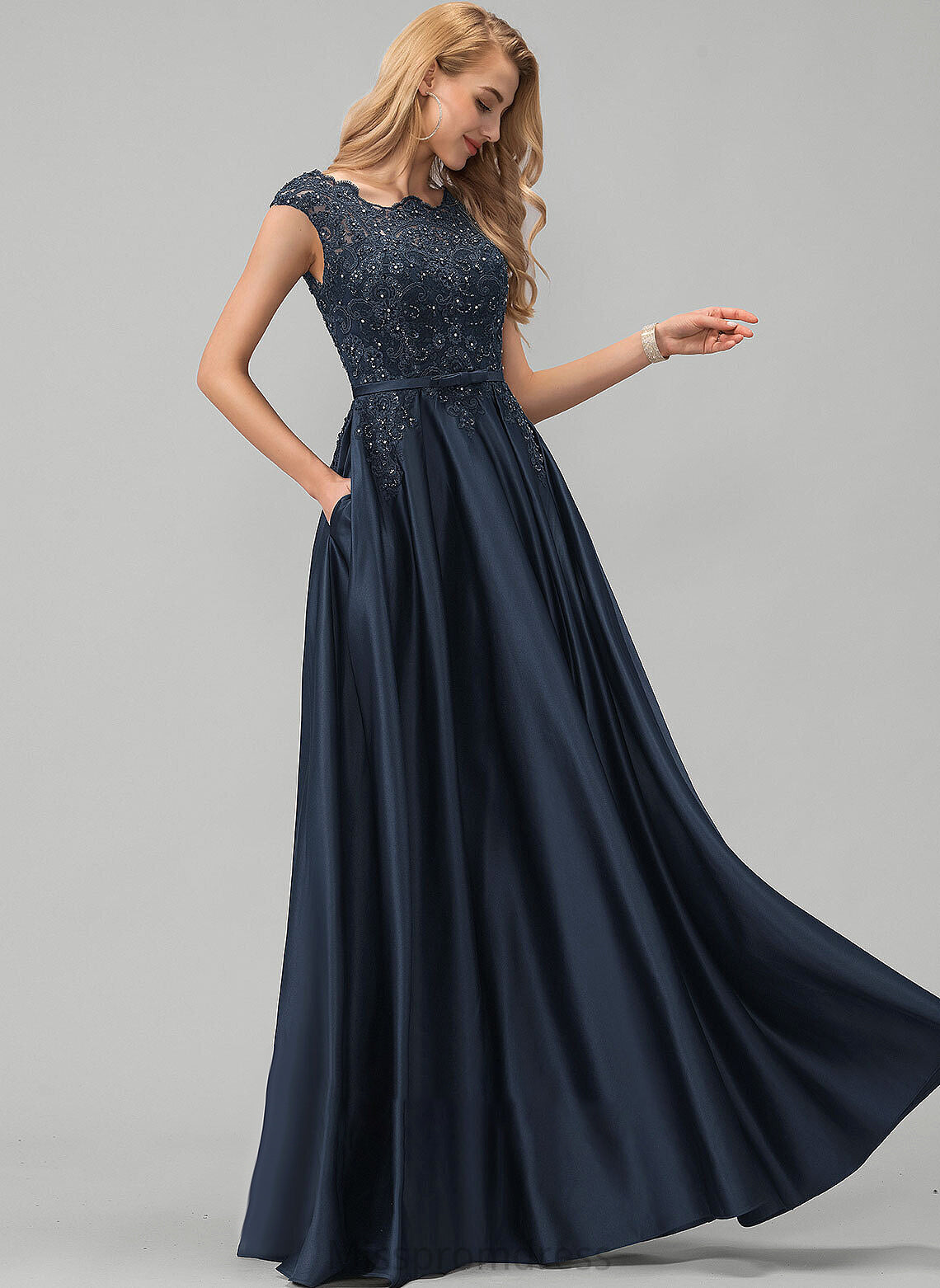 Beading Prom Dresses Floor-Length With Lace Rosalie Pockets Satin Neck Bow(s) Ball-Gown/Princess Scoop Sequins