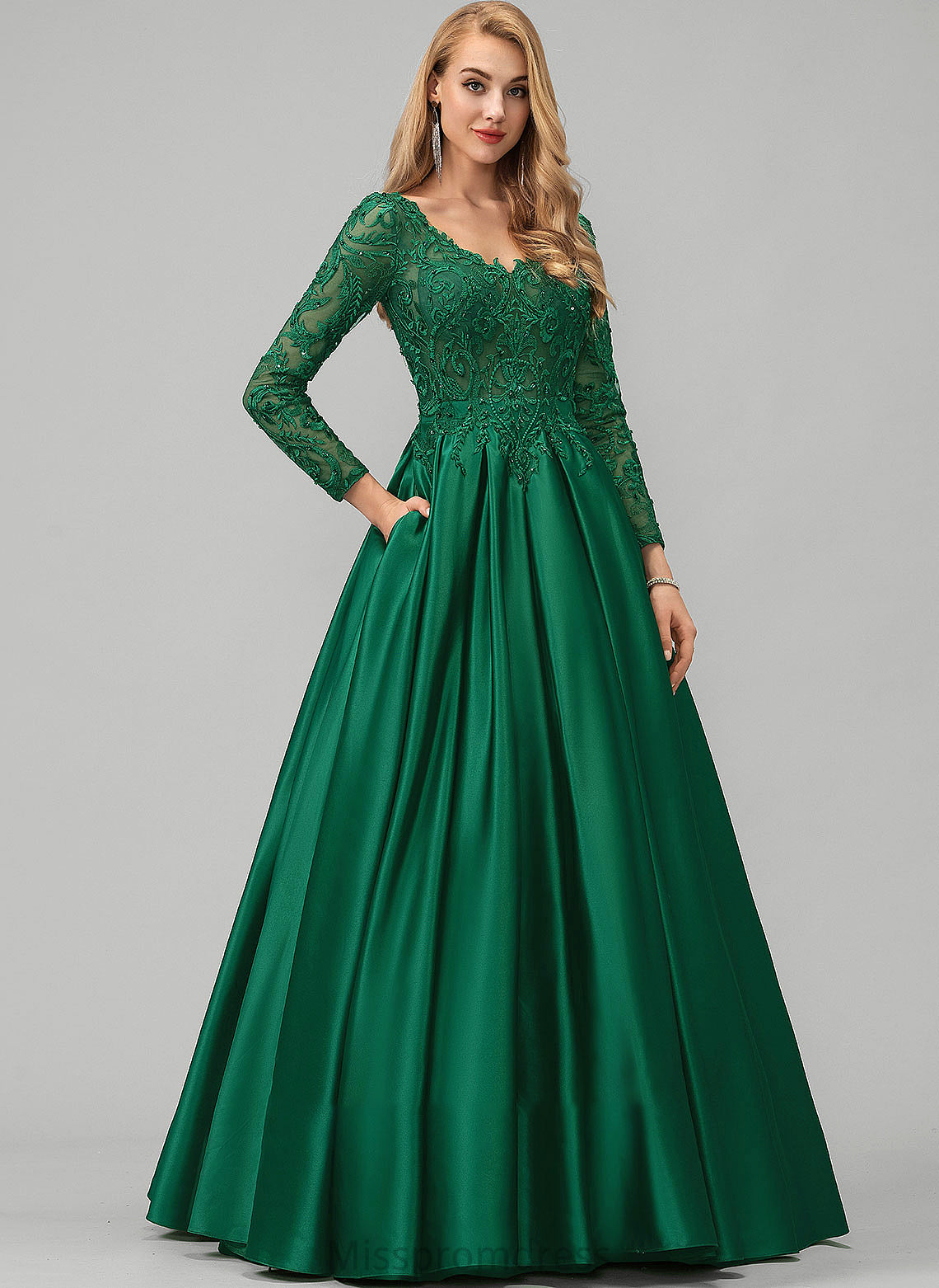 Lace Prom Dresses Beading Satin Floor-Length Pockets V-neck Martina Ball-Gown/Princess Sequins With