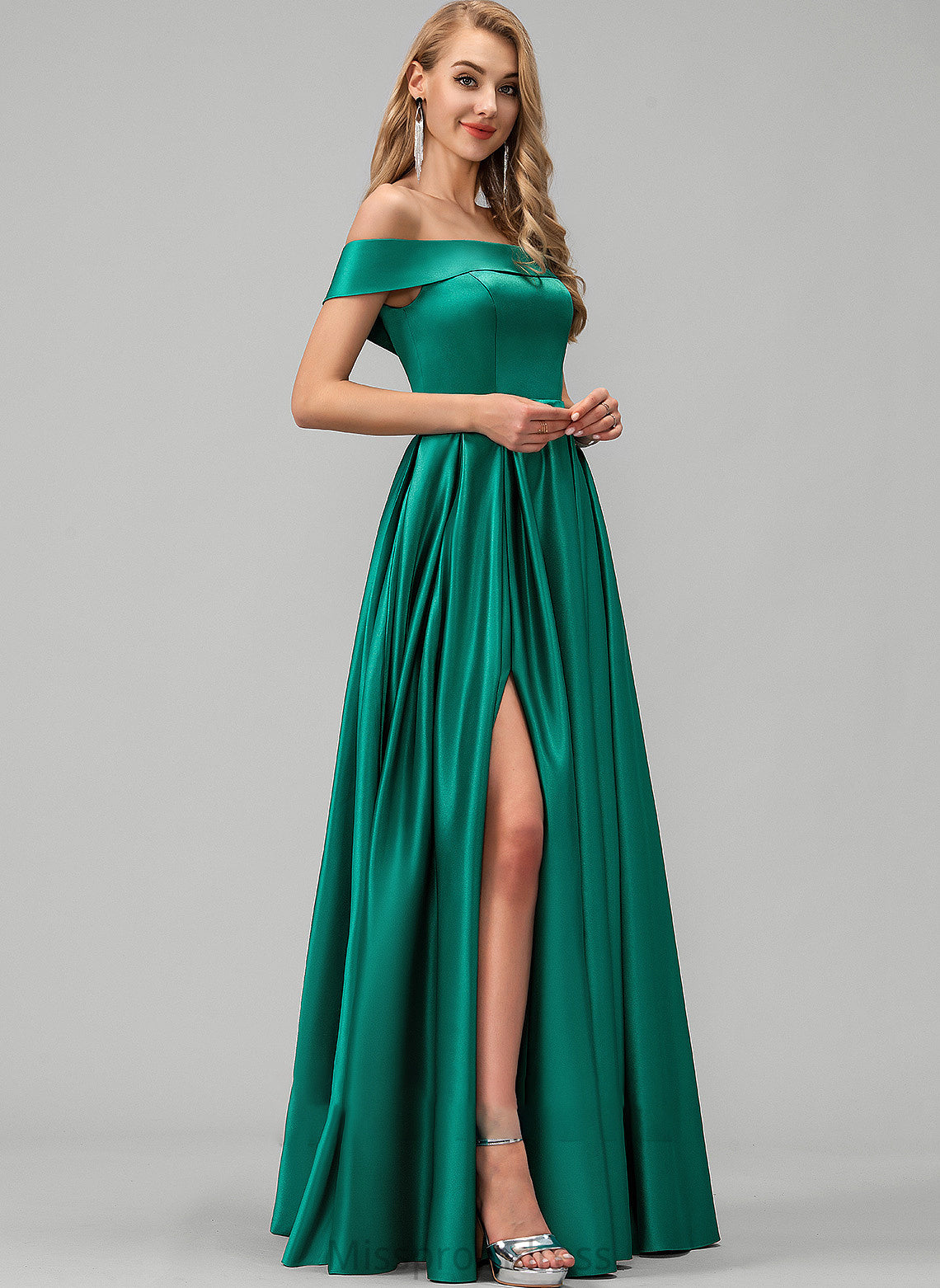Pockets Front With Floor-Length Abbigail Split Off-the-Shoulder Satin Prom Dresses Ball-Gown/Princess