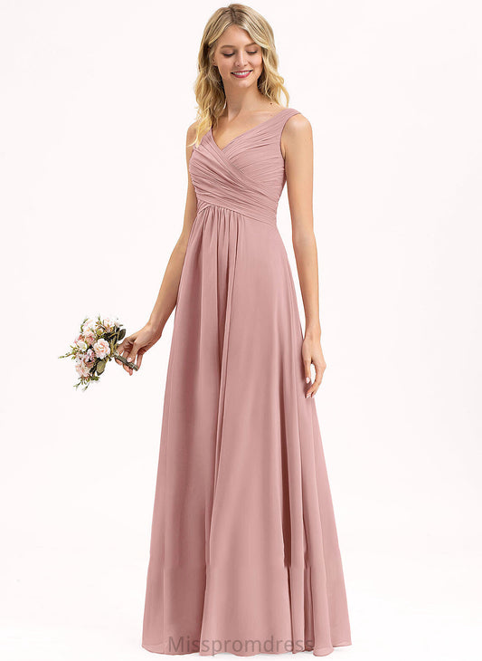 A-Line V-neck Silhouette Embellishment Ruffle Fabric Length Neckline Floor-Length Ella A-Line/Princess V-Neck Bridesmaid Dresses