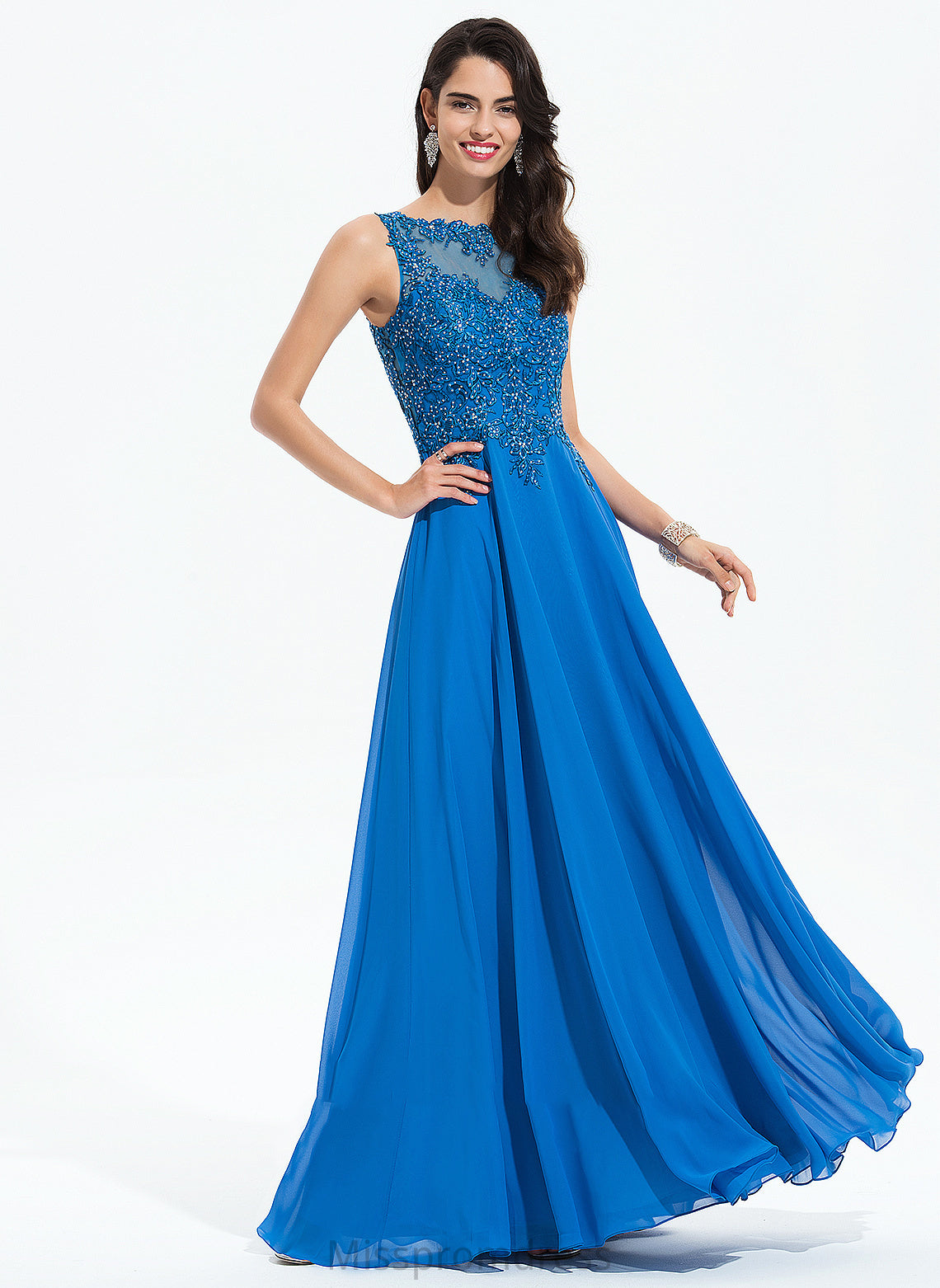 With Prom Dresses Cara Neck Chiffon Lace A-Line Sequins Scoop Floor-Length Beading
