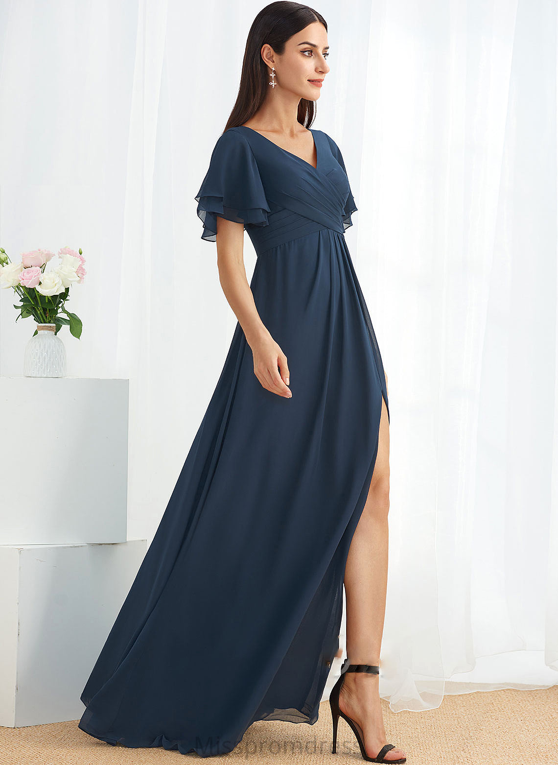 Silhouette A-Line Neckline Embellishment Fabric Length Floor-Length V-neck SplitFront Cora Short Sleeves Floor Length Bridesmaid Dresses