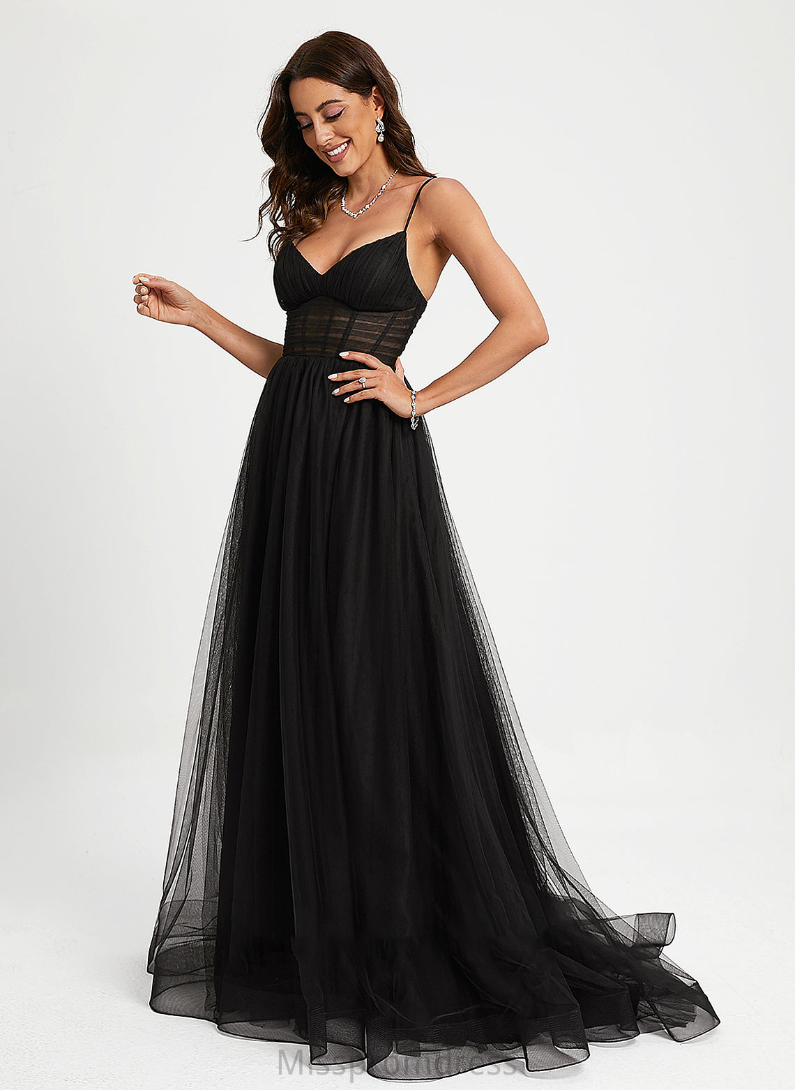 With Train Prom Dresses V-neck Pleated Viola Ball-Gown/Princess Tulle Sweep