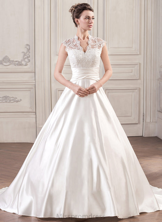 Wedding Dresses Lace Ball-Gown/Princess Wedding Satin Dress Train Ruffle Mackenzie With V-neck Court