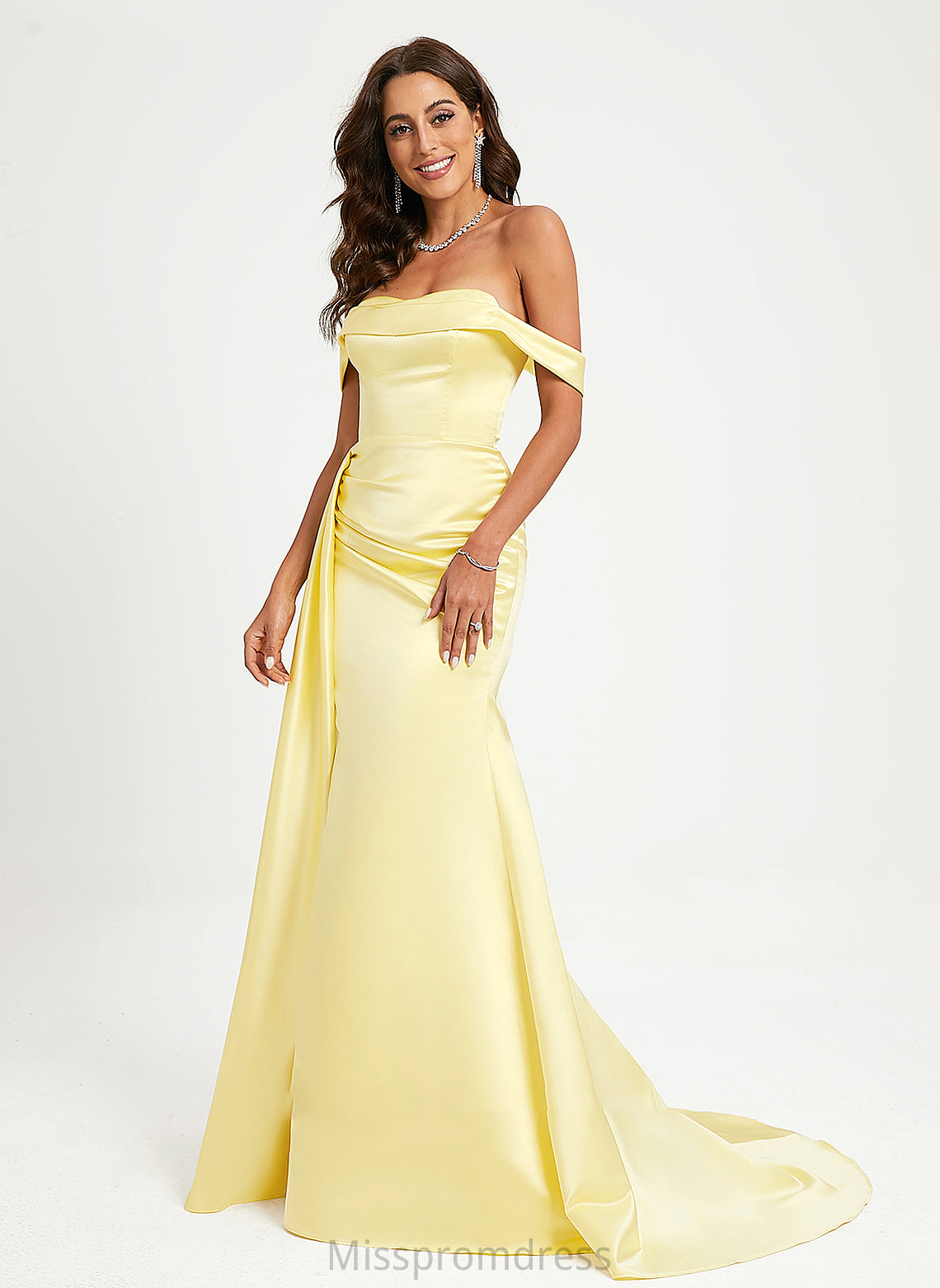 With Train Trumpet/Mermaid Sweep Off-the-Shoulder Prom Dresses Ruffle Kailee Satin