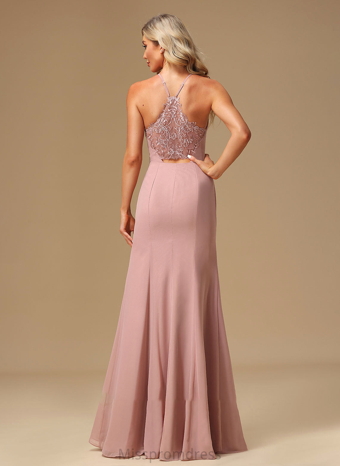 Lace Neckline Fabric Silhouette Floor-Length Length SplitFront Embellishment A-Line HighNeck Julianna High Low Bridesmaid Dresses