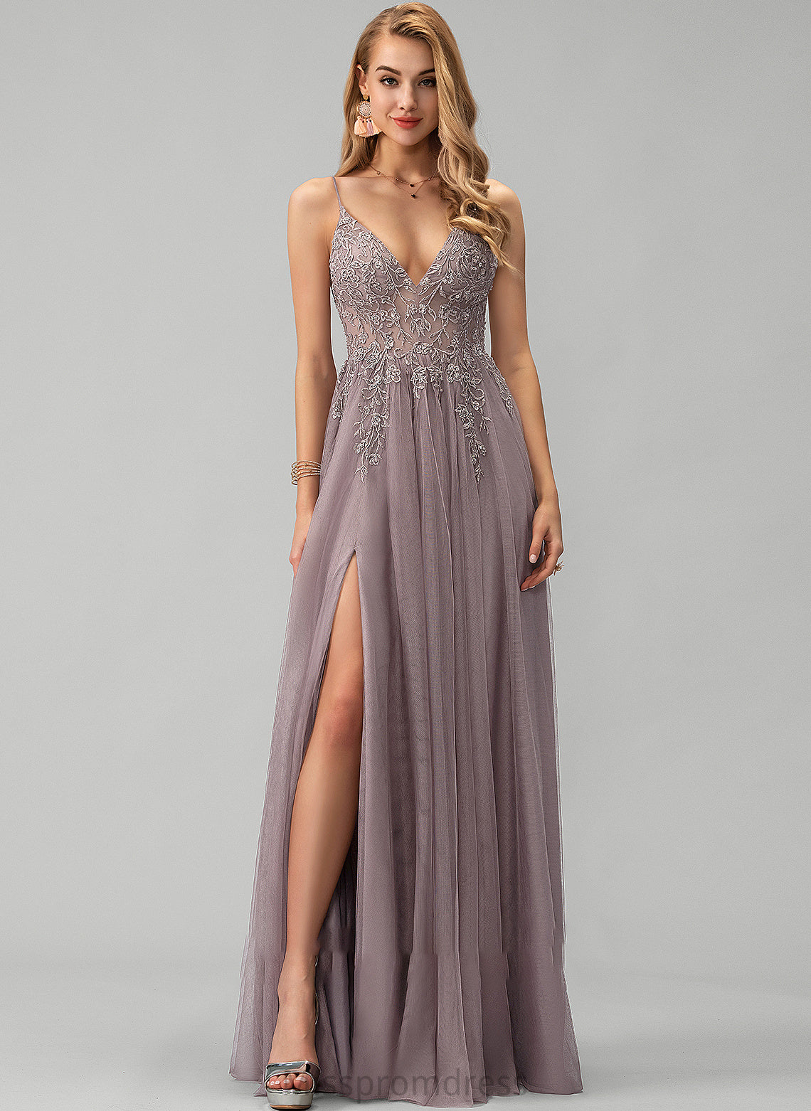 Front Nellie With Tulle Beading Lace Prom Dresses Sequins V-neck Ball-Gown/Princess Split Floor-Length