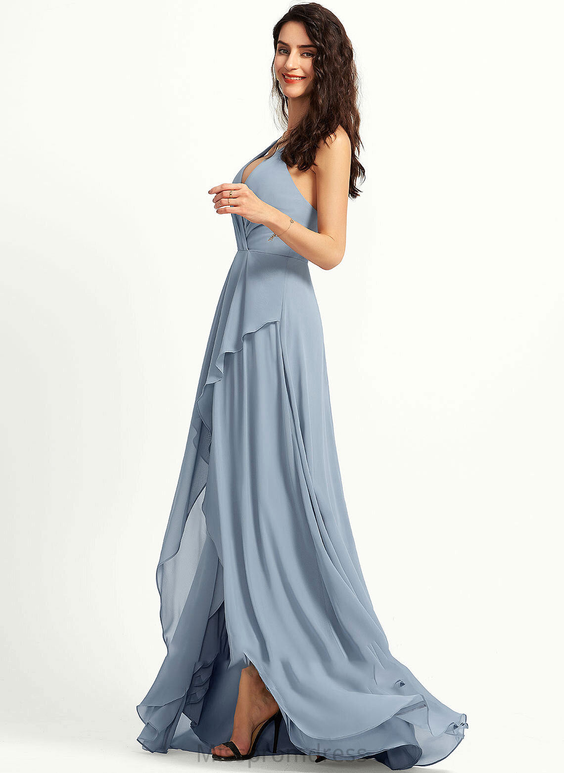 Silhouette Asymmetrical Straps Fabric Length A-Line V-neck Neckline Laney Sleeveless Floor Length Natural Waist Bridesmaid Dresses