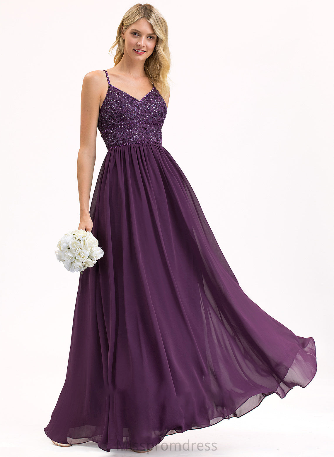 Fabric A-Line Silhouette Beading Embellishment V-neck Length Floor-Length Sequins Neckline Brielle Sleeveless Bridesmaid Dresses