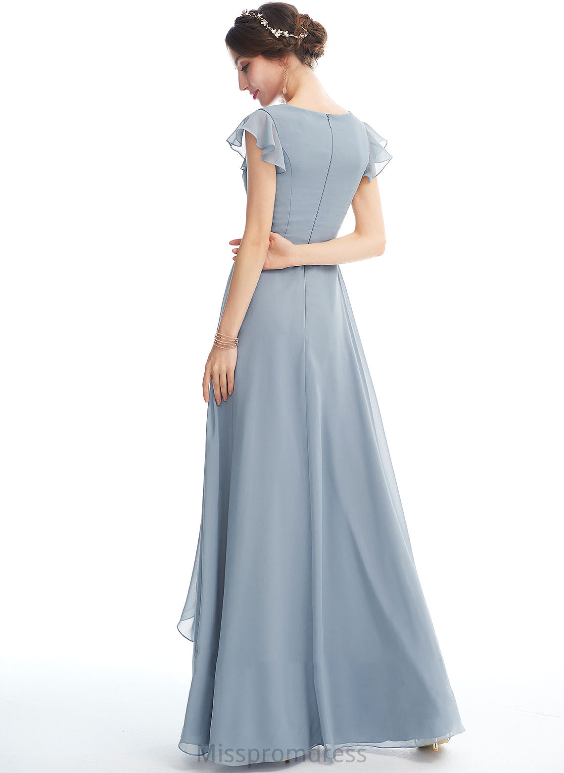 SplitFront Floor-Length Ruffle A-Line V-neck Fabric Length Silhouette Embellishment Neckline Madison Natural Waist Bridesmaid Dresses